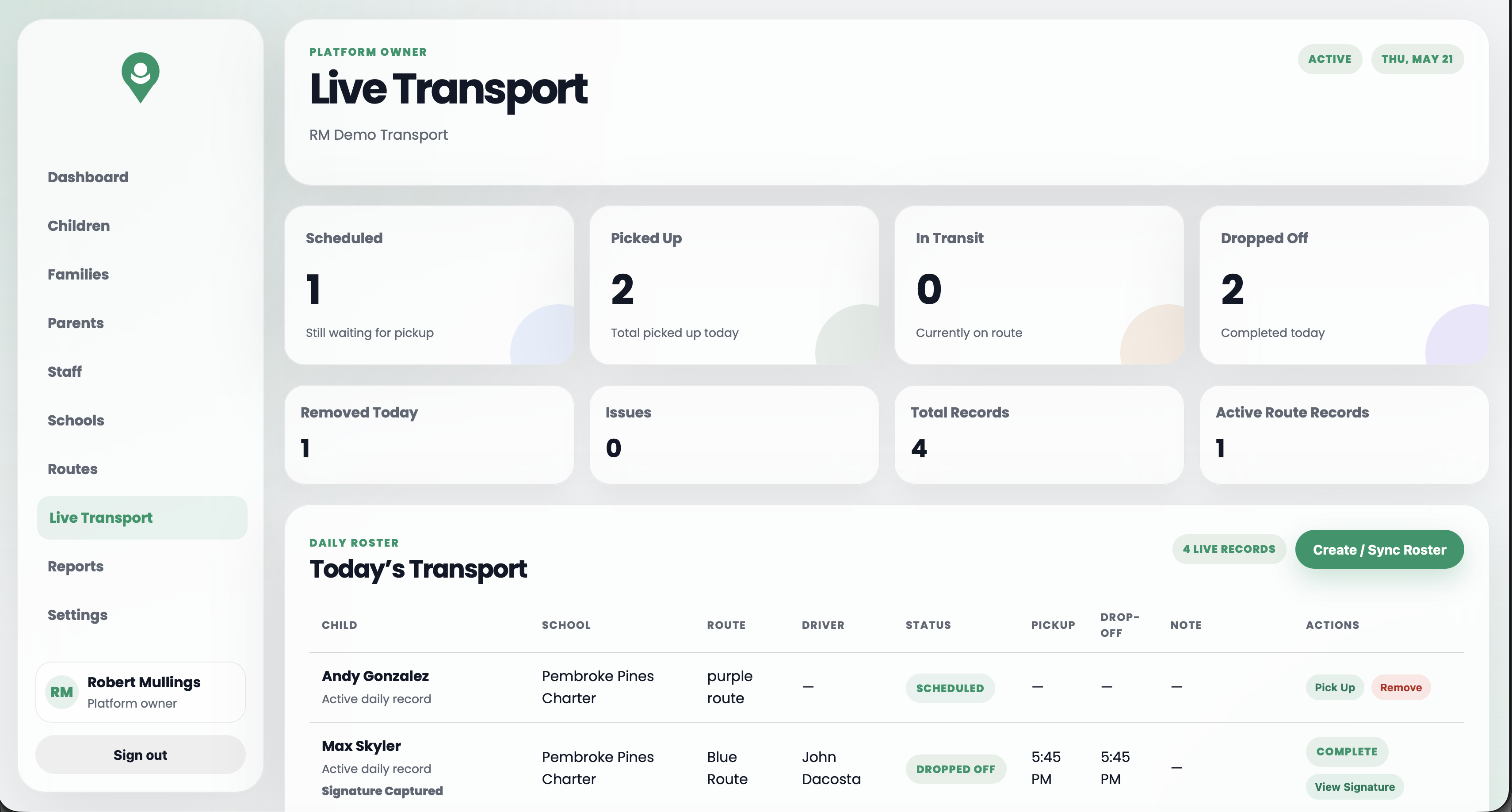 Kidtrackr live transport screen